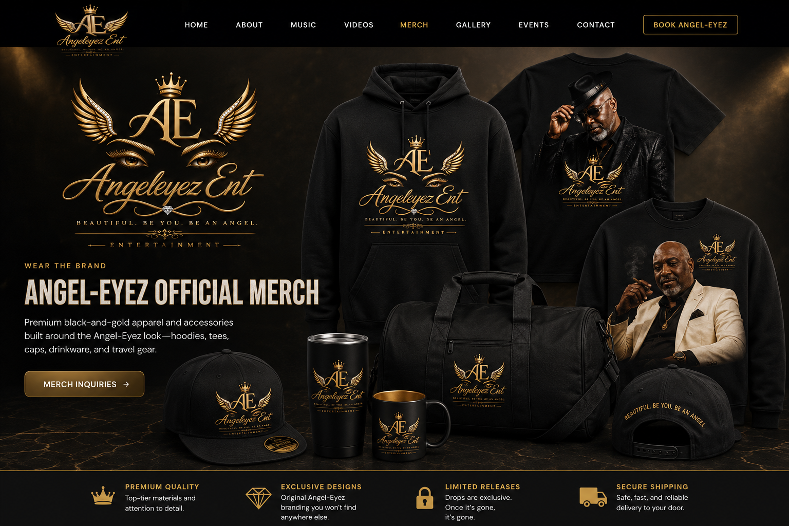 Angel-Eyez premium black-and-gold merchandise campaign